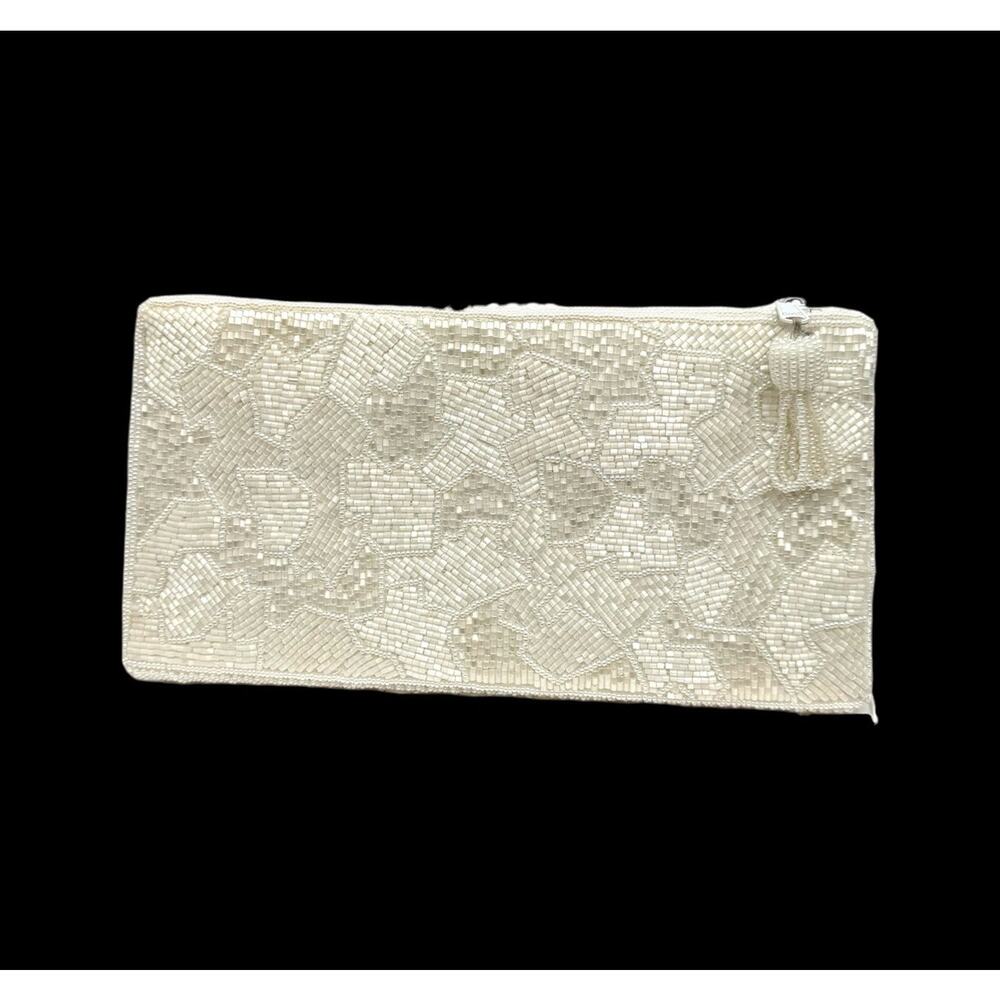 Vintage White Opalescent Seed Beaded Evening Clutch Bag Purse 9”x4.5” EUC